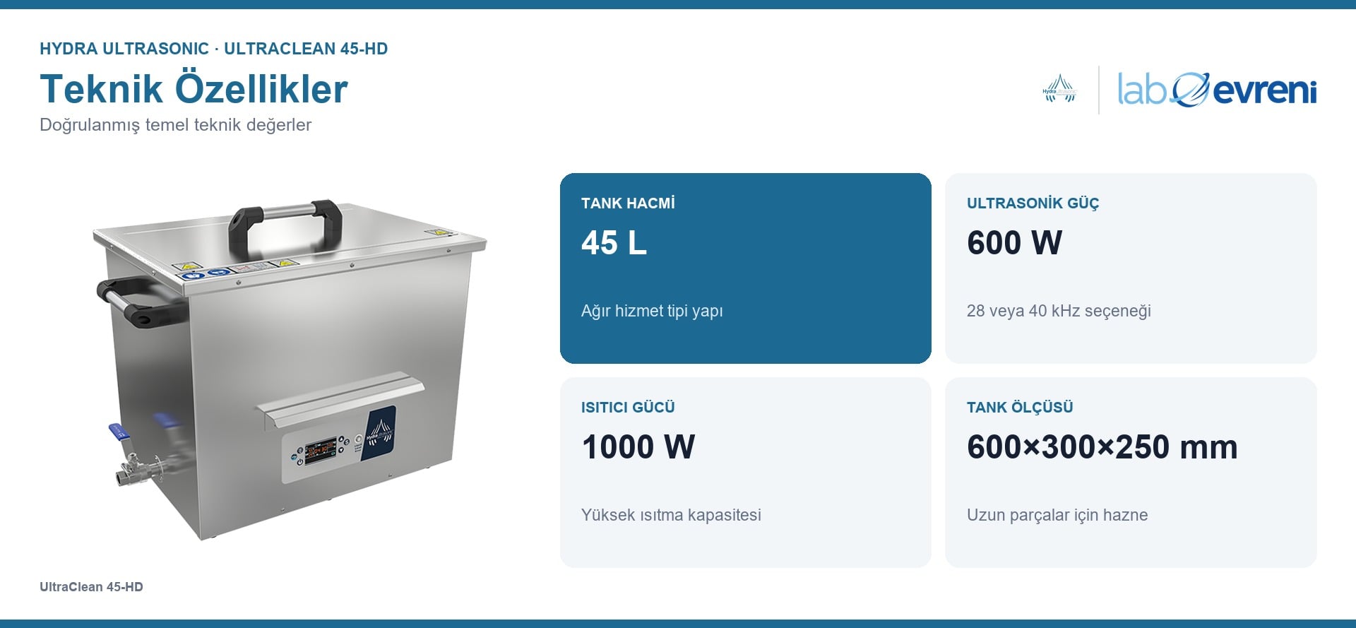 HYDRA UltraClean 45-HD 45 litre ultrasonik temizleme makinesinin temel teknik değerleri