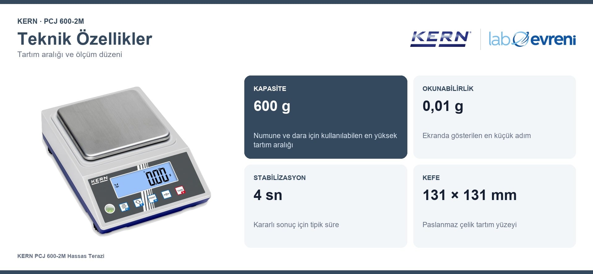KERN PCJ 600-2M terazinin 600 g kapasite, 0,01 g okunabilirlik, 4 sn stabilizasyon ve 131 × 131 mm kefe değerleri
