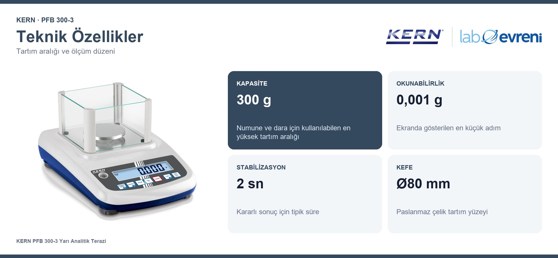 KERN PFB 300-3 terazinin 300 g kapasite, 0,001 g okunabilirlik, 2 sn stabilizasyon ve Ø80 mm kefe değerleri