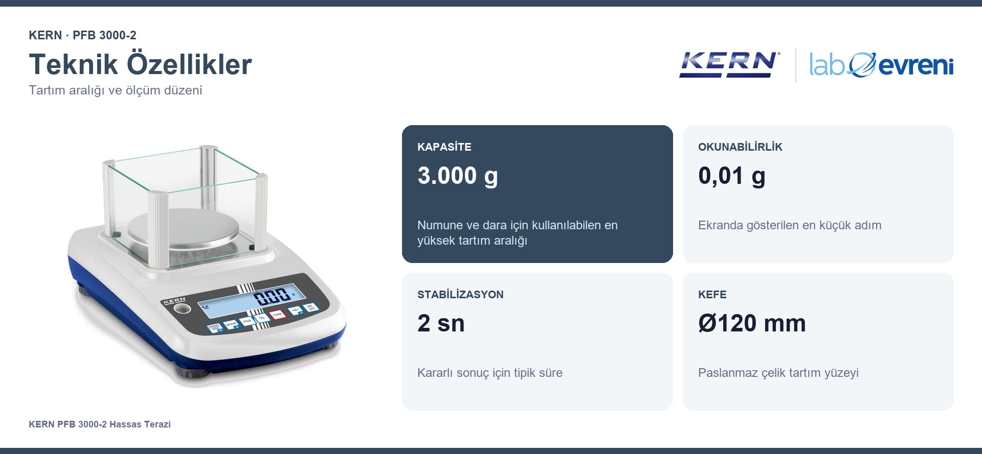 KERN PFB 3000-2 terazinin 3.000 g kapasite, 0,01 g okunabilirlik, 2 sn stabilizasyon ve Ø120 mm kefe değerleri