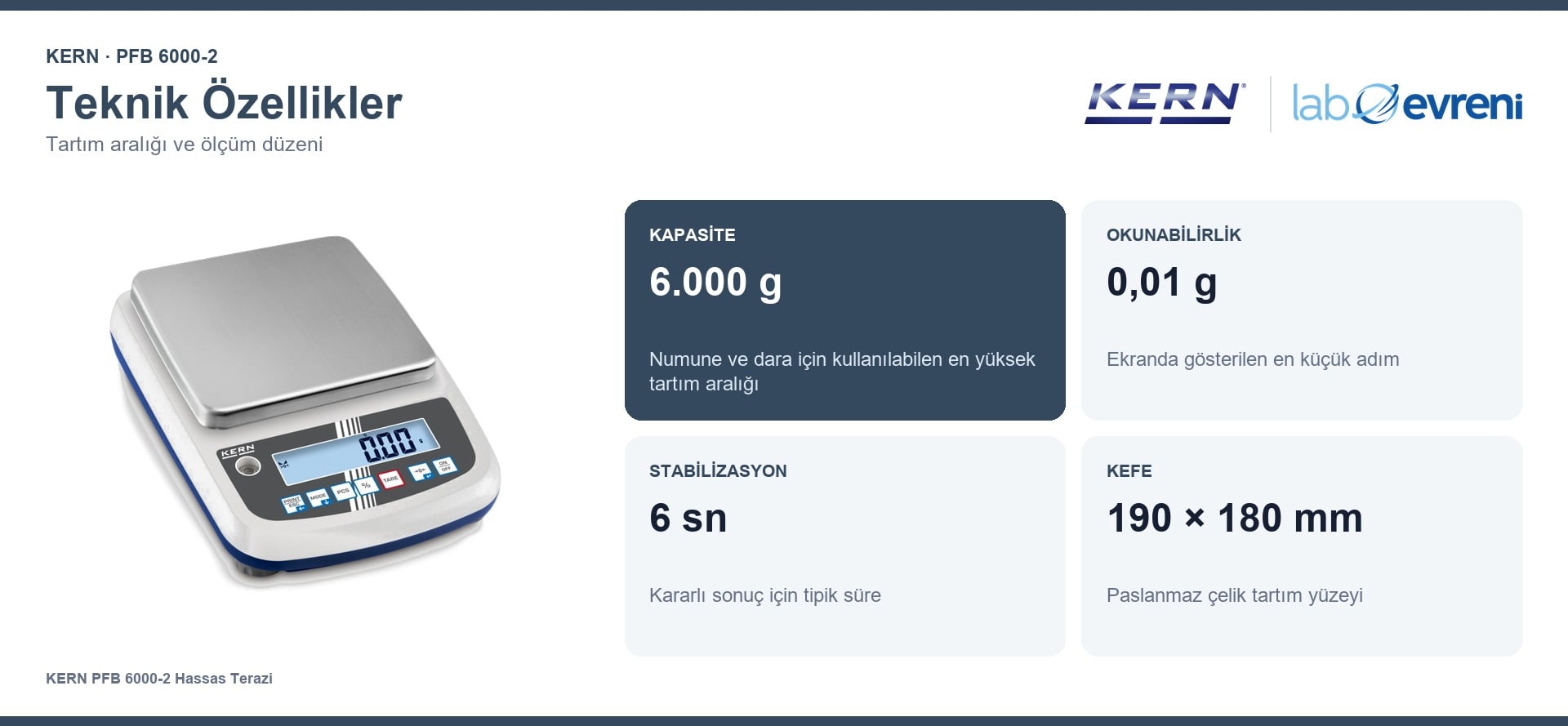 KERN PFB 6000-2 terazinin 6.000 g kapasite, 0,01 g okunabilirlik, 6 sn stabilizasyon ve 190 × 180 mm kefe değerleri