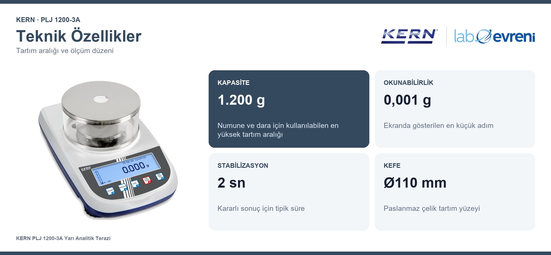 KERN PLJ 1200-3A terazinin 1.200 g kapasite, 0,001 g okunabilirlik, 2 sn stabilizasyon ve Ø110 mm kefe değerleri