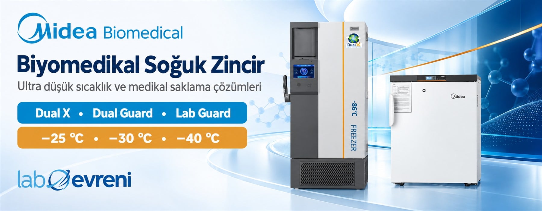 Midea biyomedikal soğutma cihazları ve laboratuvar tipi dondurucular marka bannerı