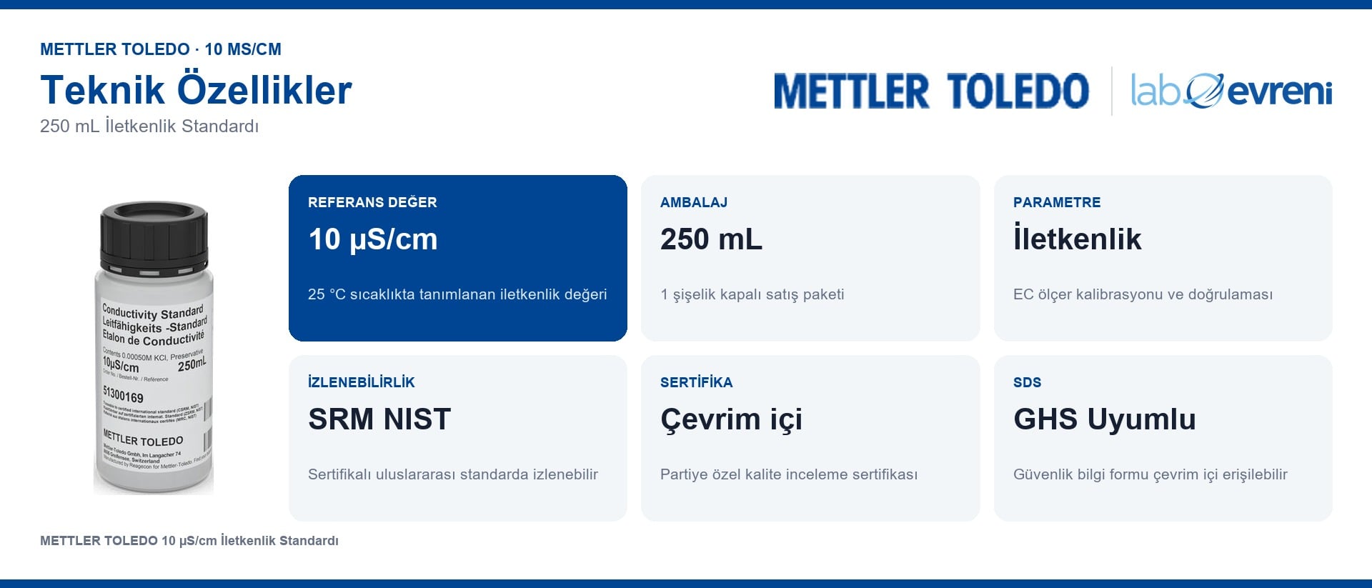 METTLER TOLEDO 10 µS/cm iletkenlik standardının referans değer, ambalaj ve izlenebilirlik bilgileri