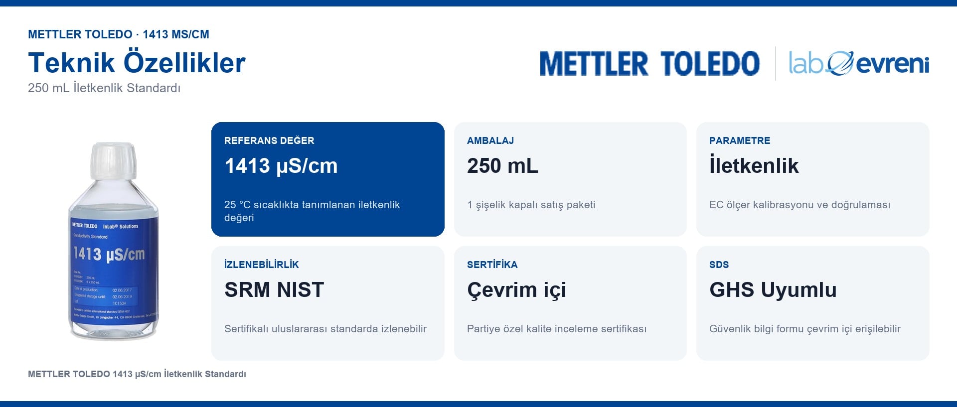 METTLER TOLEDO 1413 µS/cm iletkenlik standardının referans değer, ambalaj ve izlenebilirlik bilgileri