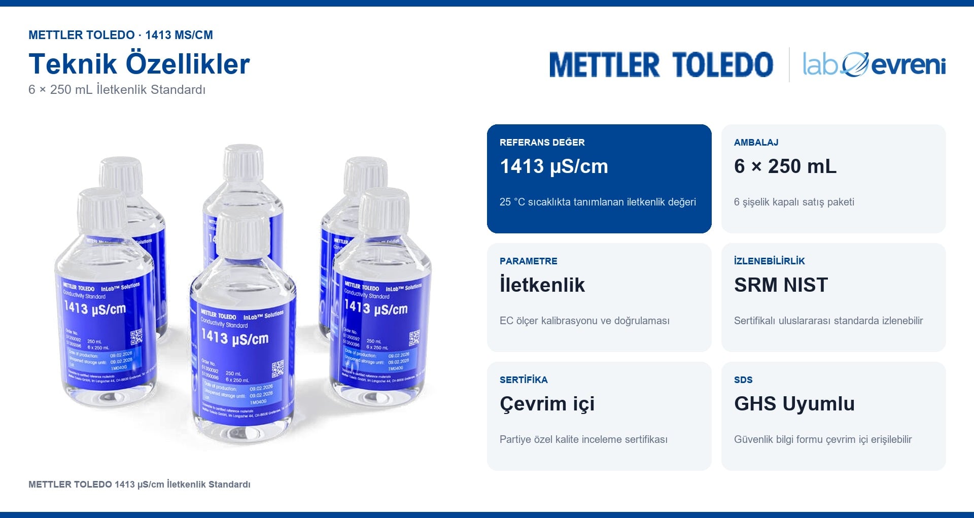 METTLER TOLEDO 1413 µS/cm iletkenlik standardının referans değer, ambalaj ve izlenebilirlik bilgileri