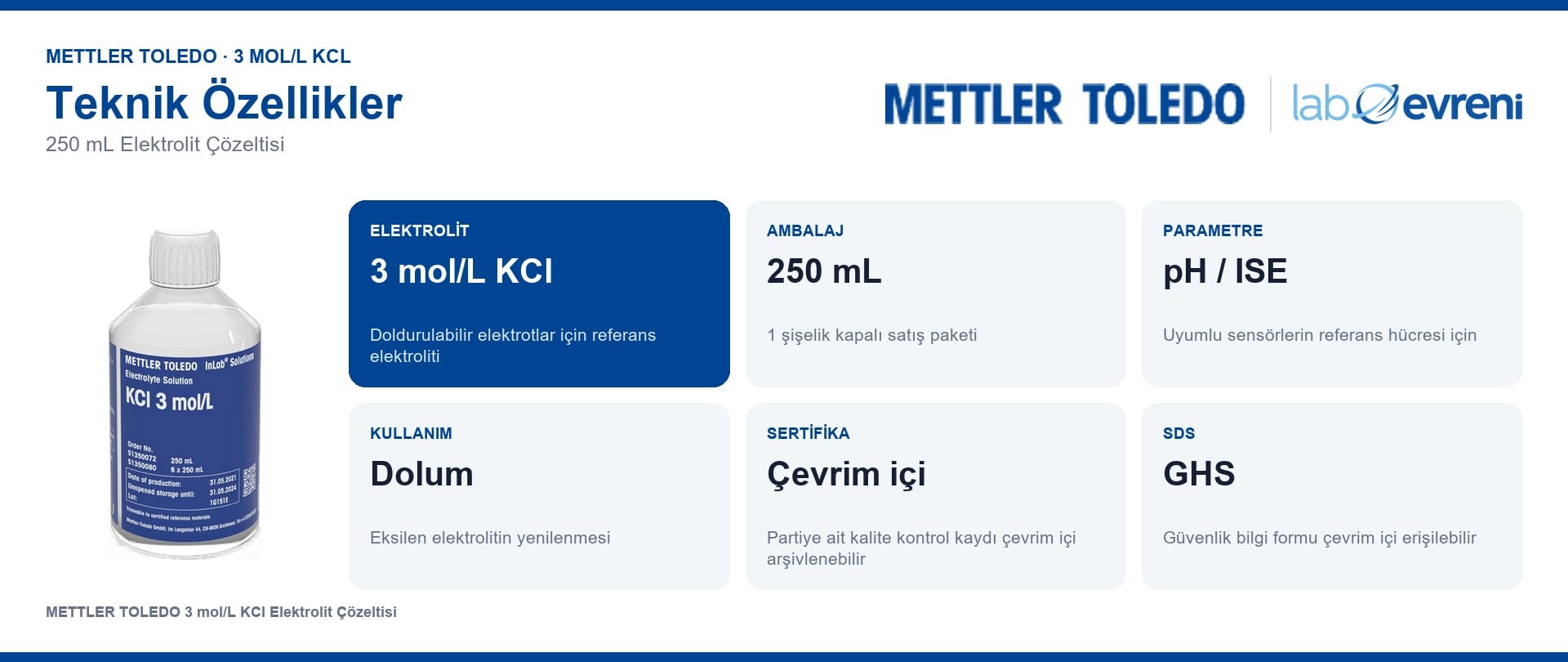 METTLER TOLEDO 3 mol/L KCl elektrolit çözeltisinin derişim, ambalaj ve kullanım bilgileri
