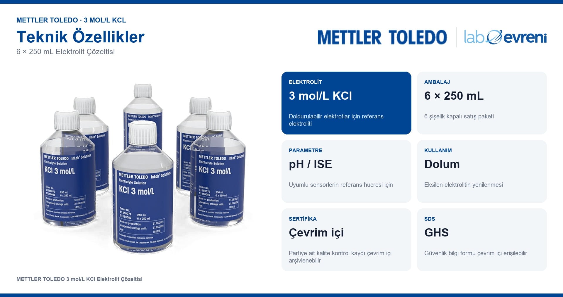 METTLER TOLEDO 3 mol/L KCl elektrolit çözeltisinin derişim, ambalaj ve kullanım bilgileri