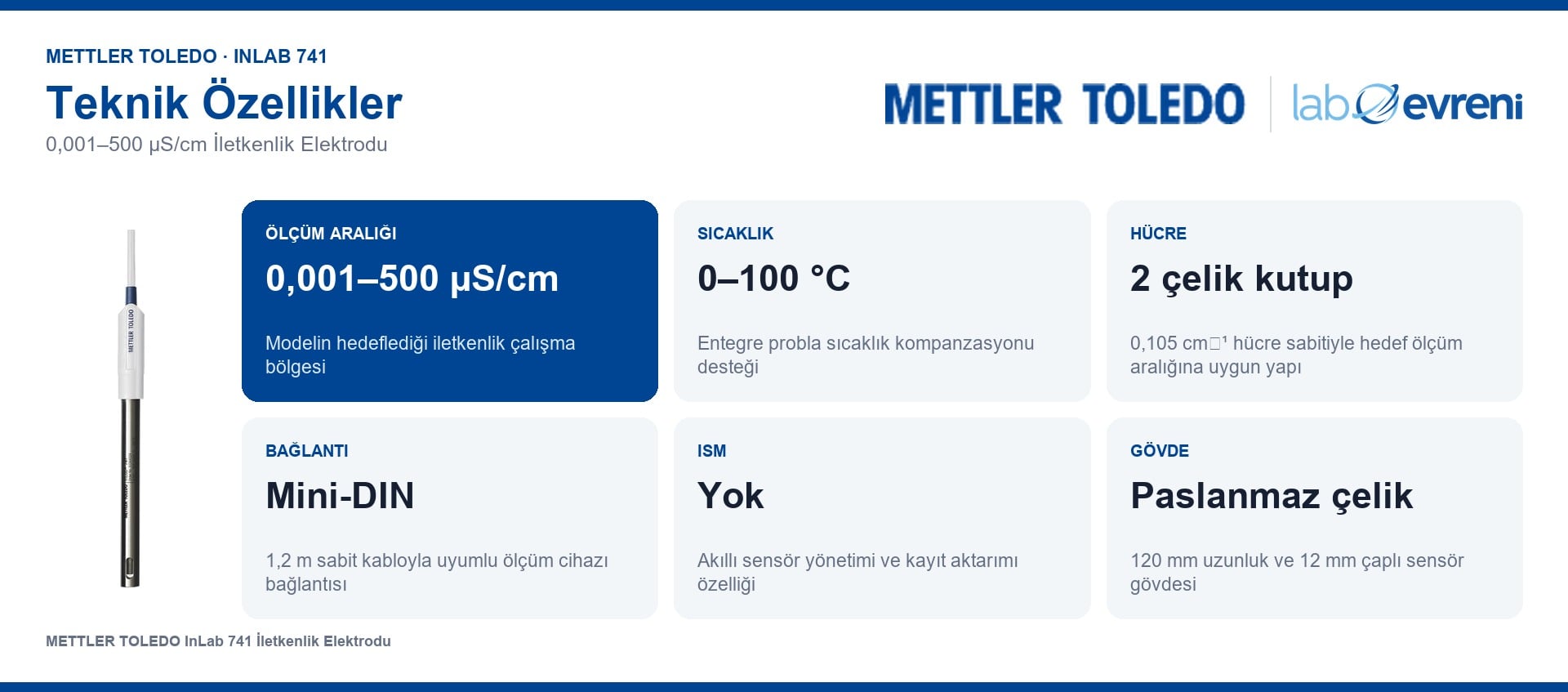 METTLER TOLEDO InLab 741 elektrodunun ölçüm aralığı, hücre tipi, bağlantı ve sıcaklık özellikleri