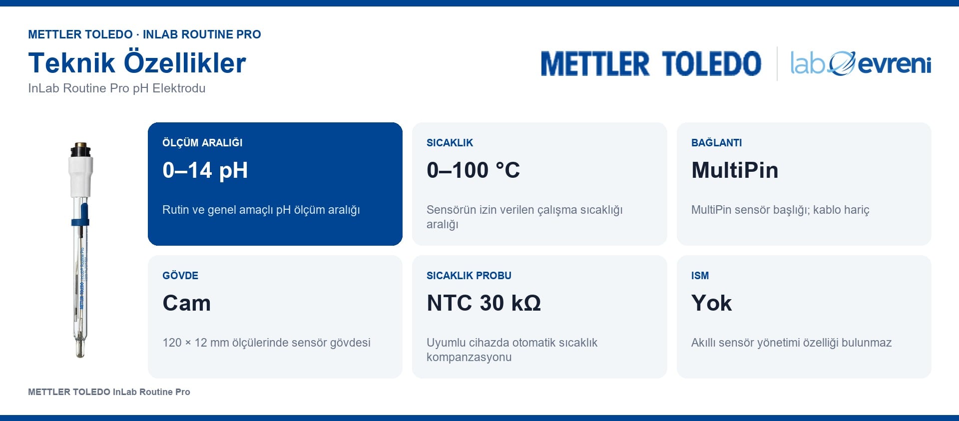 METTLER TOLEDO InLab Routine Pro pH elektrodunun ölçüm aralığı, sıcaklığı, bağlantısı ve sensör yapısı