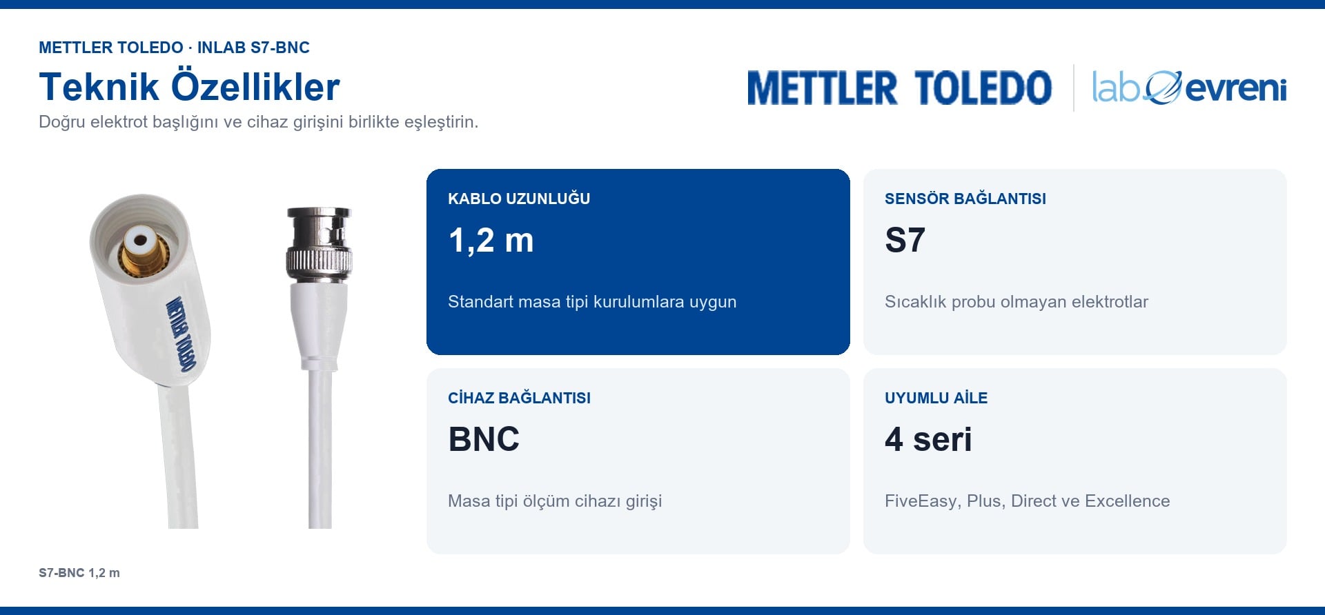 METTLER TOLEDO InLab S7-BNC 1,2 m kablosunun bağlantı uçları, uzunluğu ve uyumlu cihaz aileleri