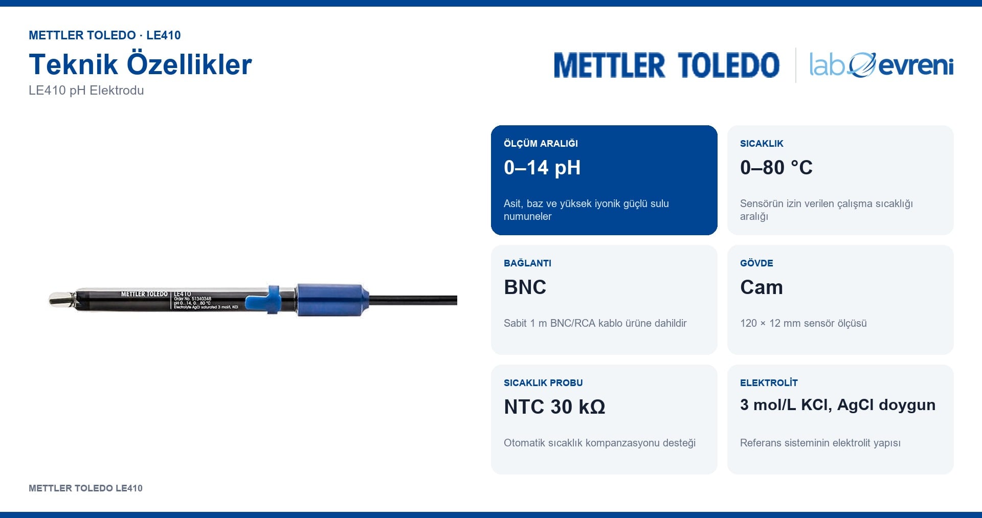 METTLER TOLEDO LE410 pH elektrodunun ölçüm aralığı, gövdesi, bağlantısı ve sıcaklık probu