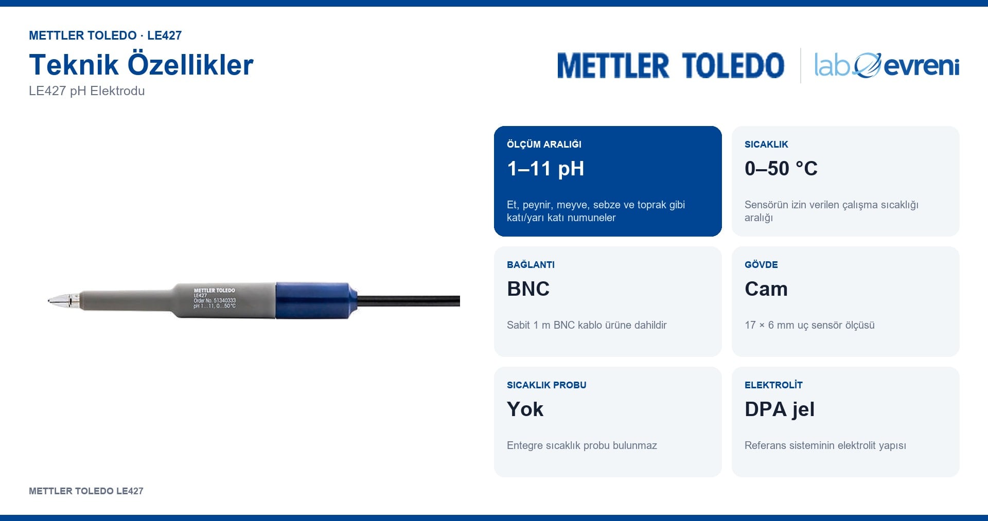 METTLER TOLEDO LE427 pH elektrodunun ölçüm aralığı, gövdesi, bağlantısı ve sıcaklık probu