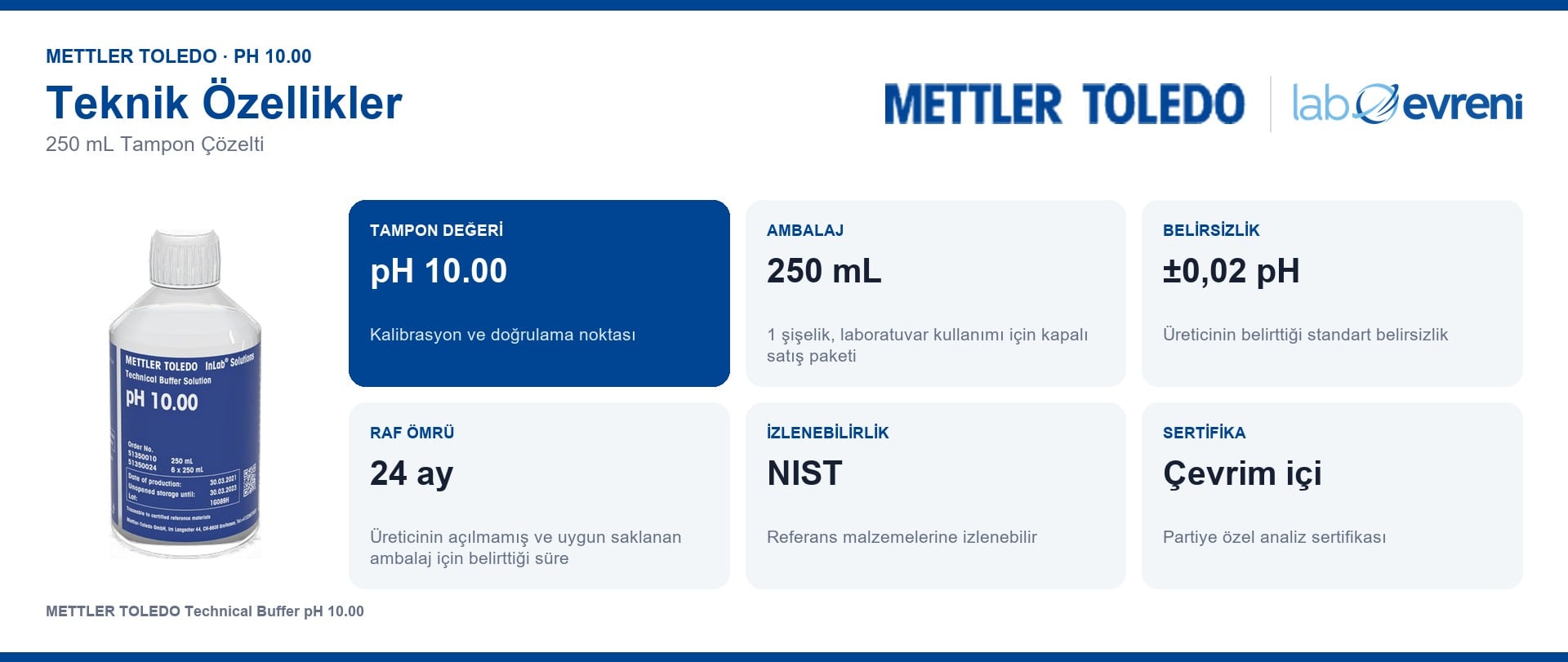 METTLER TOLEDO pH 10.00 tampon çözeltisinin ambalaj, belirsizlik ve raf ömrü bilgileri