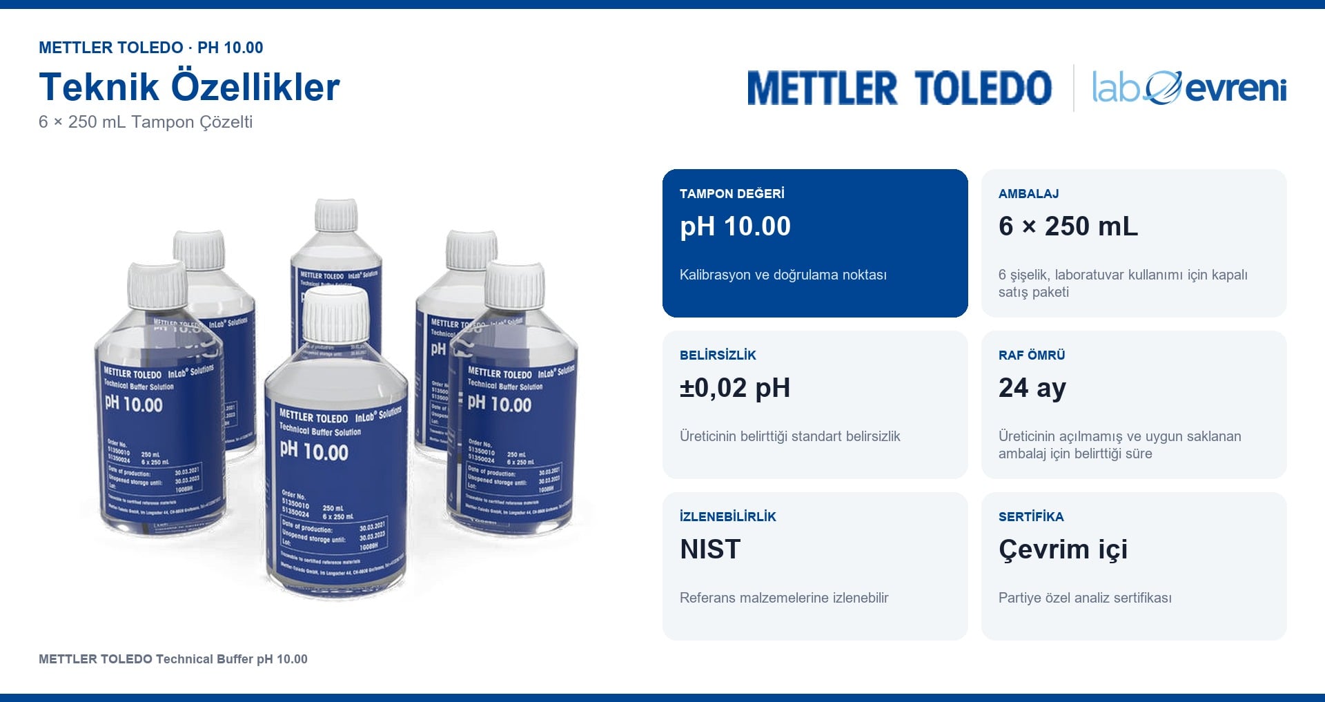 METTLER TOLEDO pH 10.00 tampon çözeltisinin ambalaj, belirsizlik ve raf ömrü bilgileri