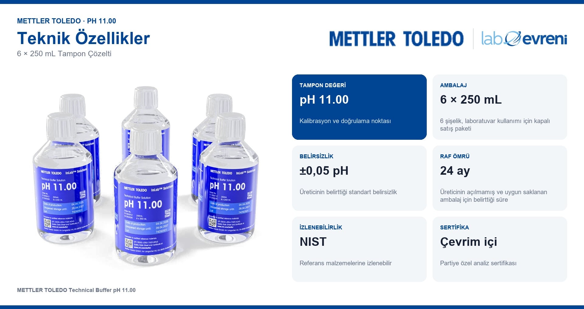 METTLER TOLEDO pH 11.00 tampon çözeltisinin ambalaj, belirsizlik ve raf ömrü bilgileri