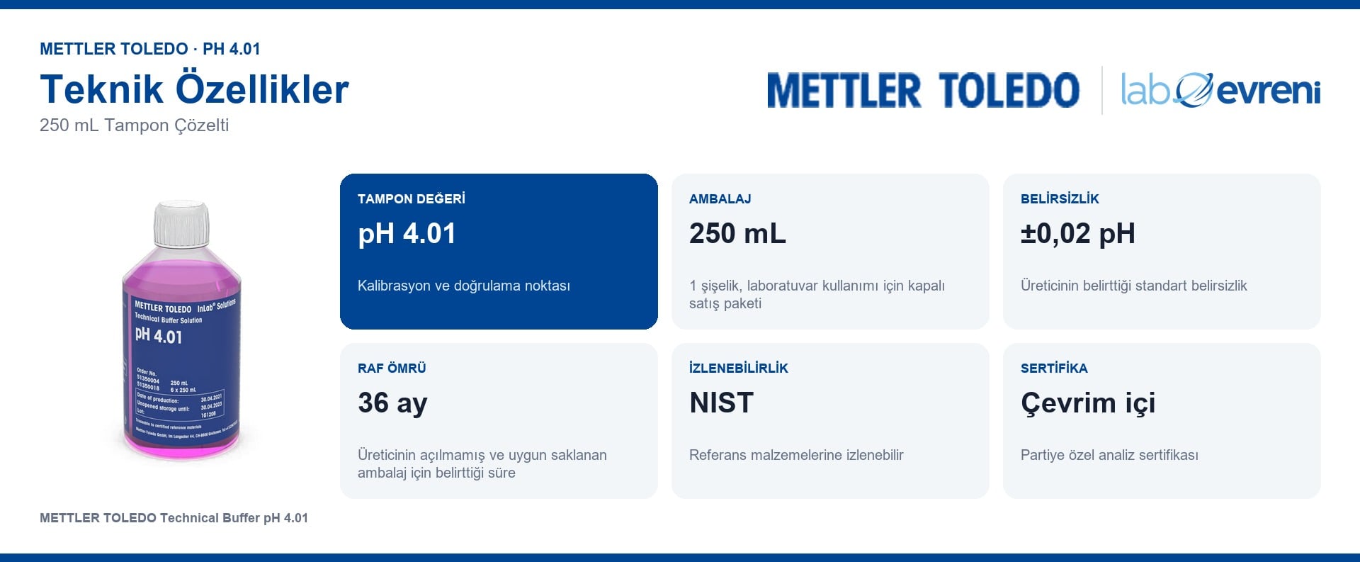 METTLER TOLEDO pH 4.01 tampon çözeltisinin ambalaj, belirsizlik ve raf ömrü bilgileri