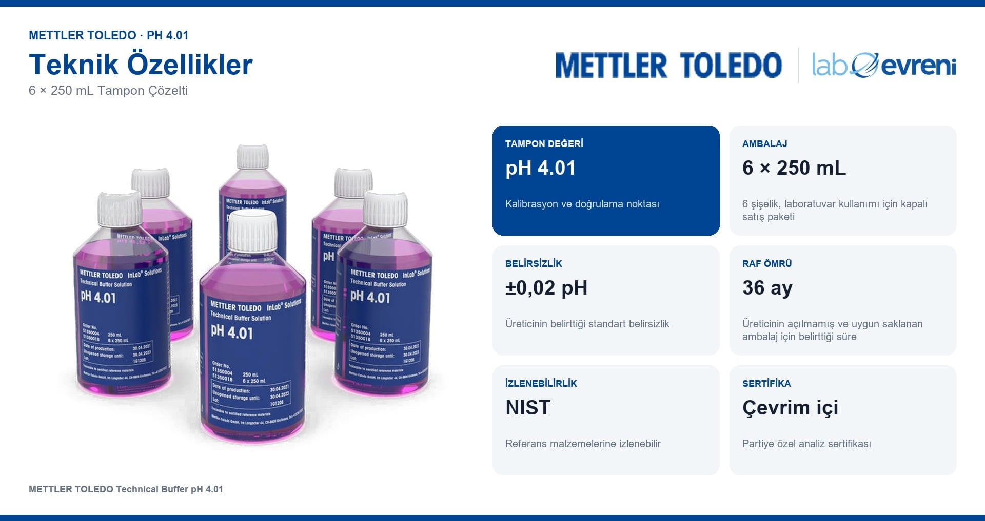 METTLER TOLEDO pH 4.01 tampon çözeltisinin ambalaj, belirsizlik ve raf ömrü bilgileri