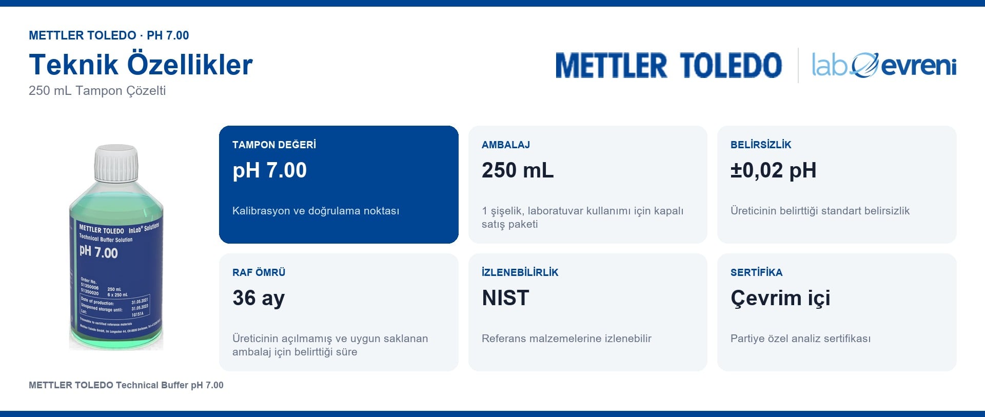 METTLER TOLEDO pH 7.00 tampon çözeltisinin ambalaj, belirsizlik ve raf ömrü bilgileri