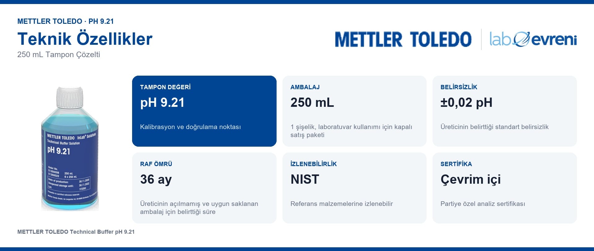 METTLER TOLEDO pH 9.21 tampon çözeltisinin ambalaj, belirsizlik ve raf ömrü bilgileri