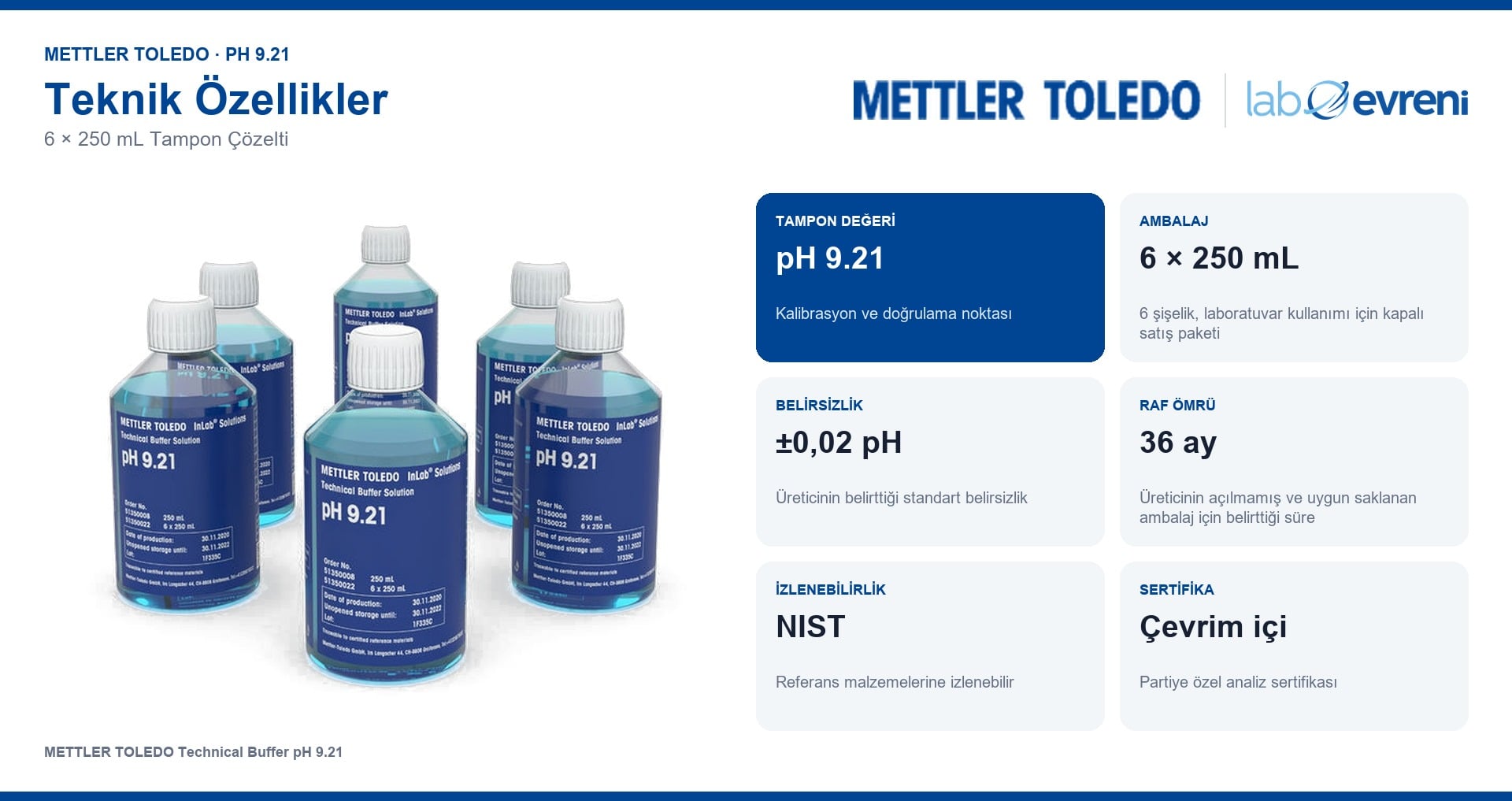 METTLER TOLEDO pH 9.21 tampon çözeltisinin ambalaj, belirsizlik ve raf ömrü bilgileri