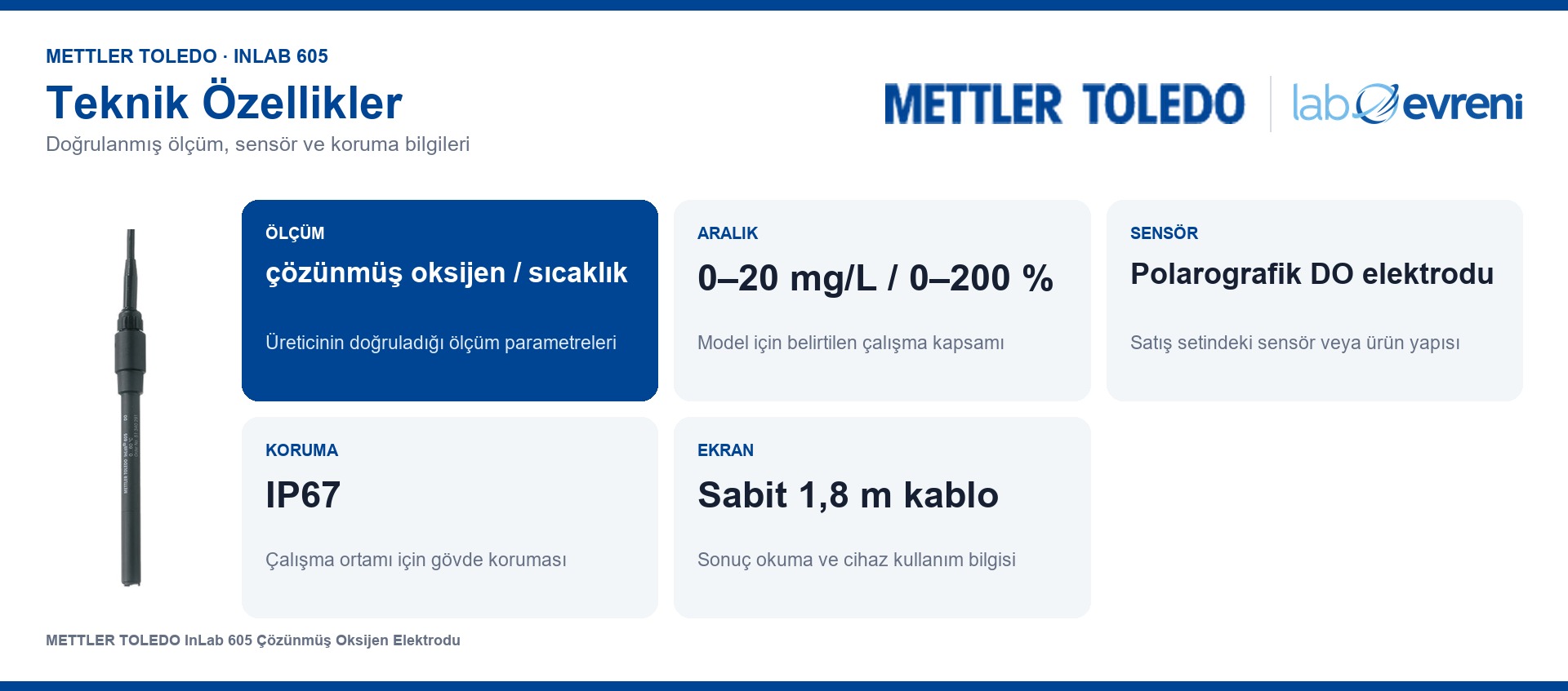 METTLER TOLEDO InLab 605 ölçüm kapsamı, sensör ve koruma bilgileri