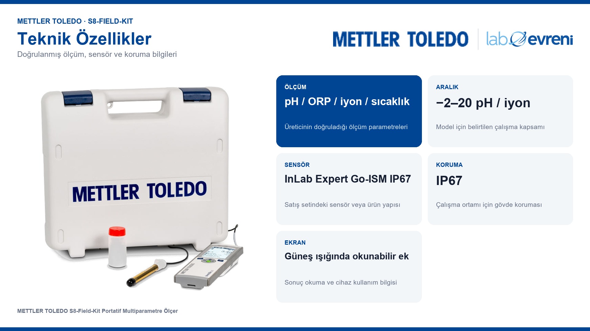 METTLER TOLEDO S8-Field-Kit ölçüm kapsamı, sensör ve koruma bilgileri