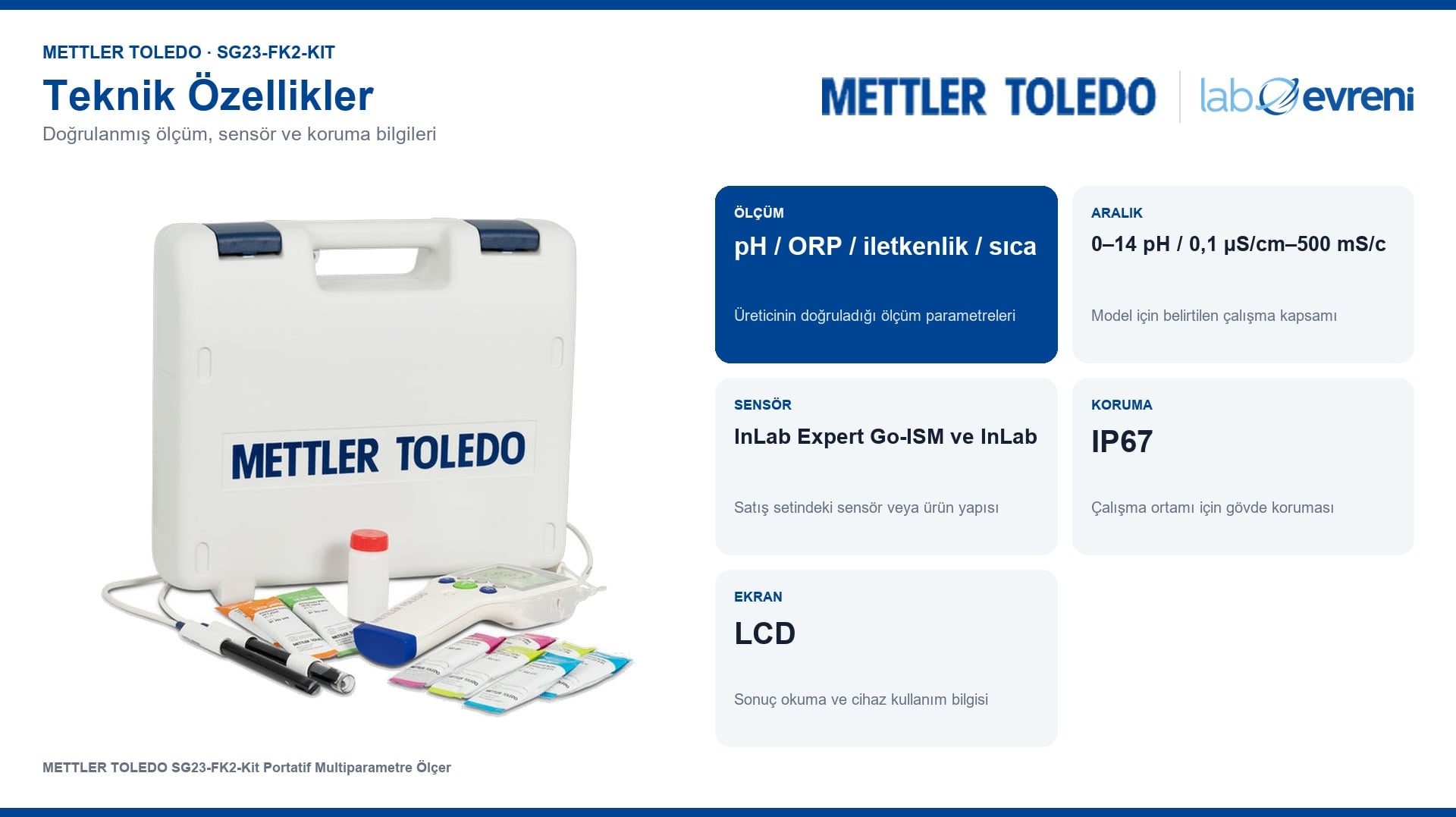 METTLER TOLEDO SG23-FK2-Kit ölçüm kapsamı, sensör ve koruma bilgileri