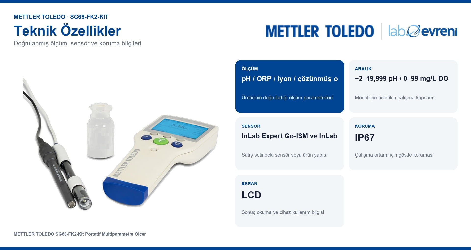 METTLER TOLEDO SG68-FK2-Kit ölçüm kapsamı, sensör ve koruma bilgileri