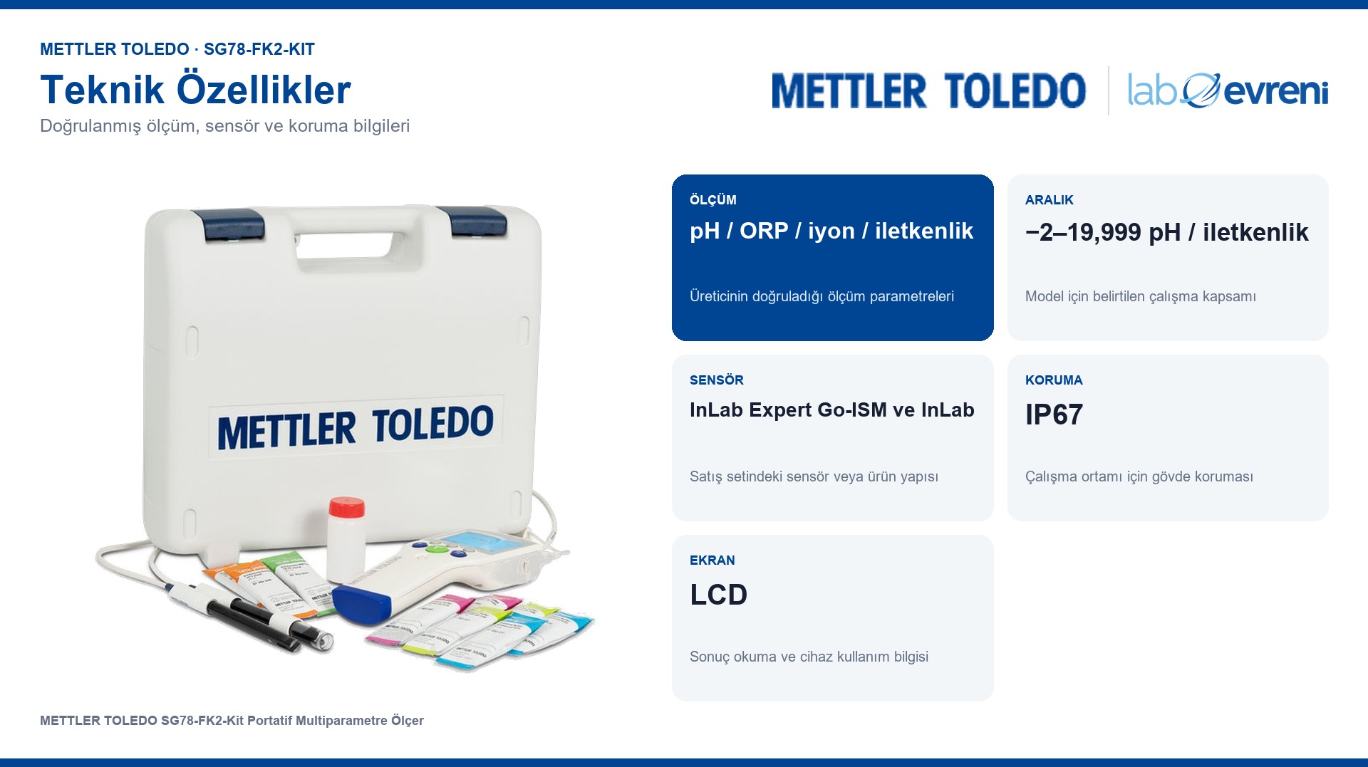 METTLER TOLEDO SG78-FK2-Kit ölçüm kapsamı, sensör ve koruma bilgileri