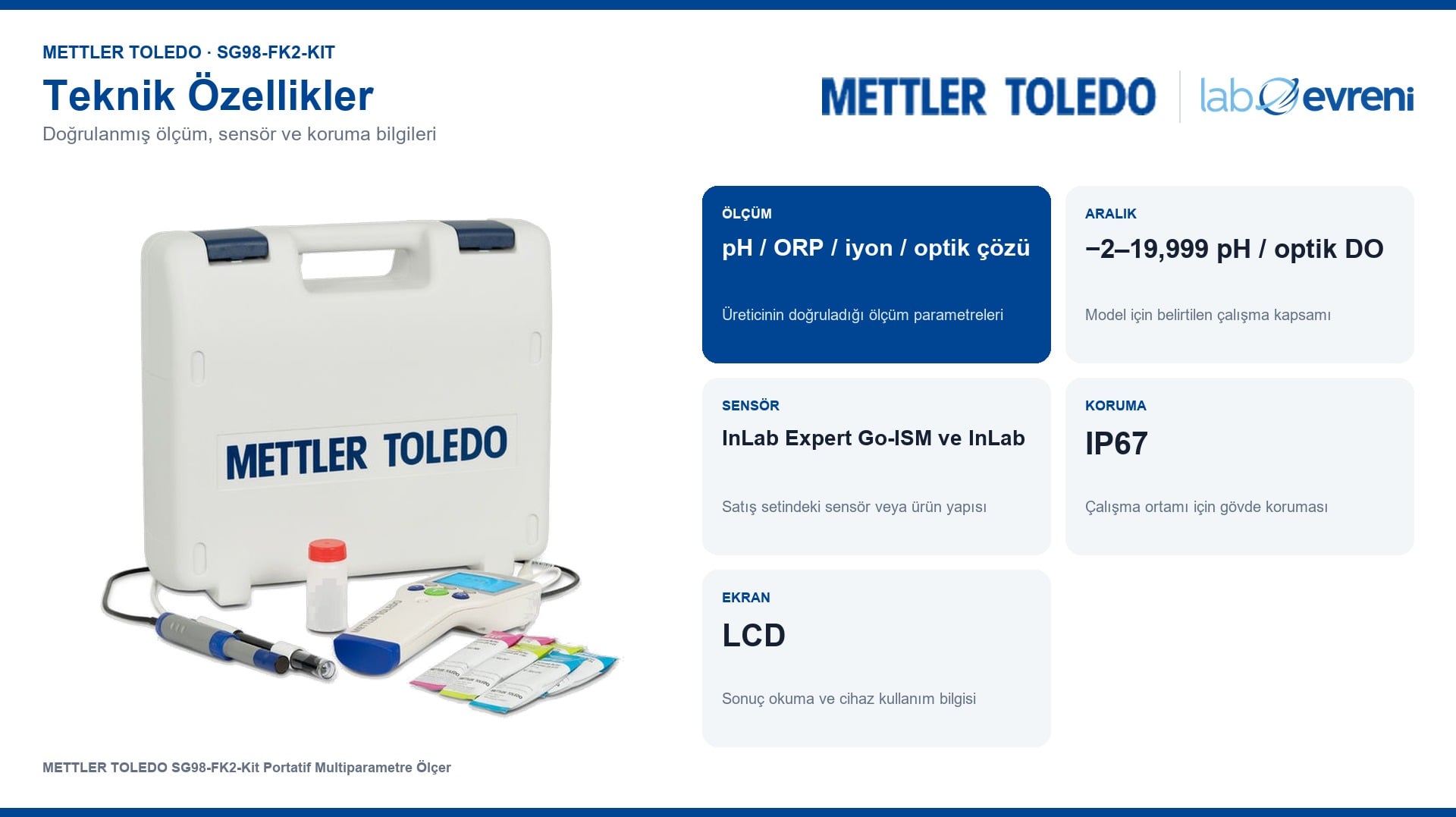 METTLER TOLEDO SG98-FK2-Kit ölçüm kapsamı, sensör ve koruma bilgileri