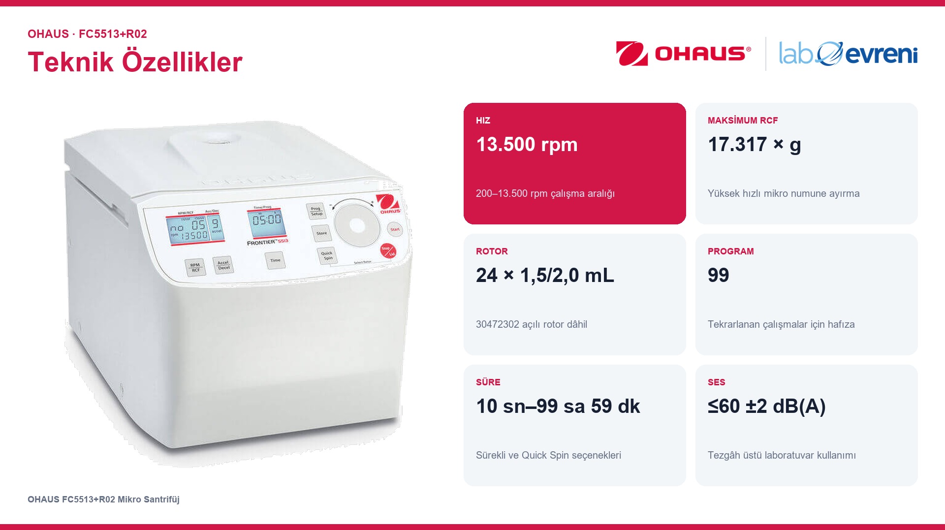 OHAUS FC5513+R02 mikro santrifüj setinin hız, RCF, rotor, program, süre ve ses değerleri