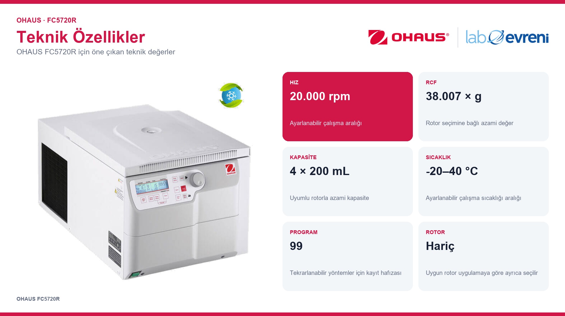 OHAUS FC5720R ürününün kapasite, hassasiyet ve temel teknik değerleri