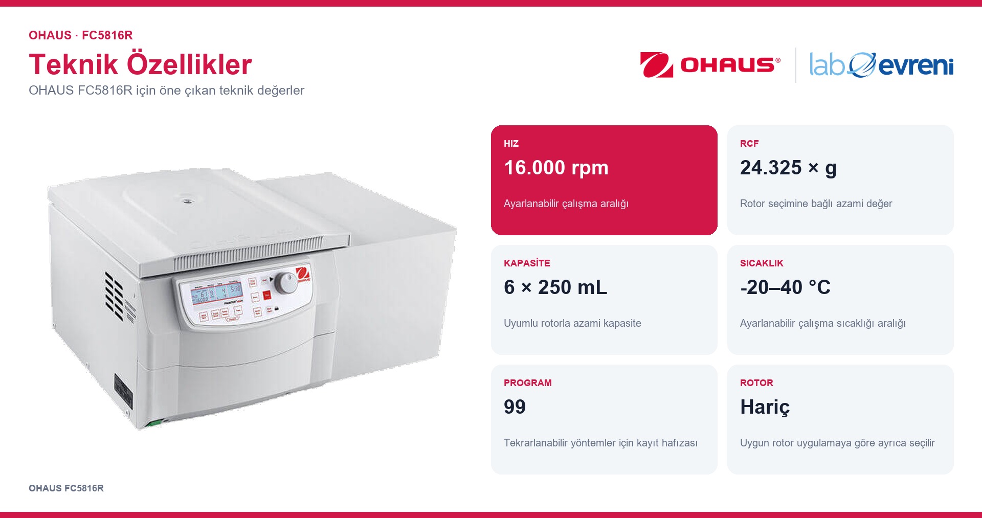 OHAUS FC5816R ürününün kapasite, hassasiyet ve temel teknik değerleri