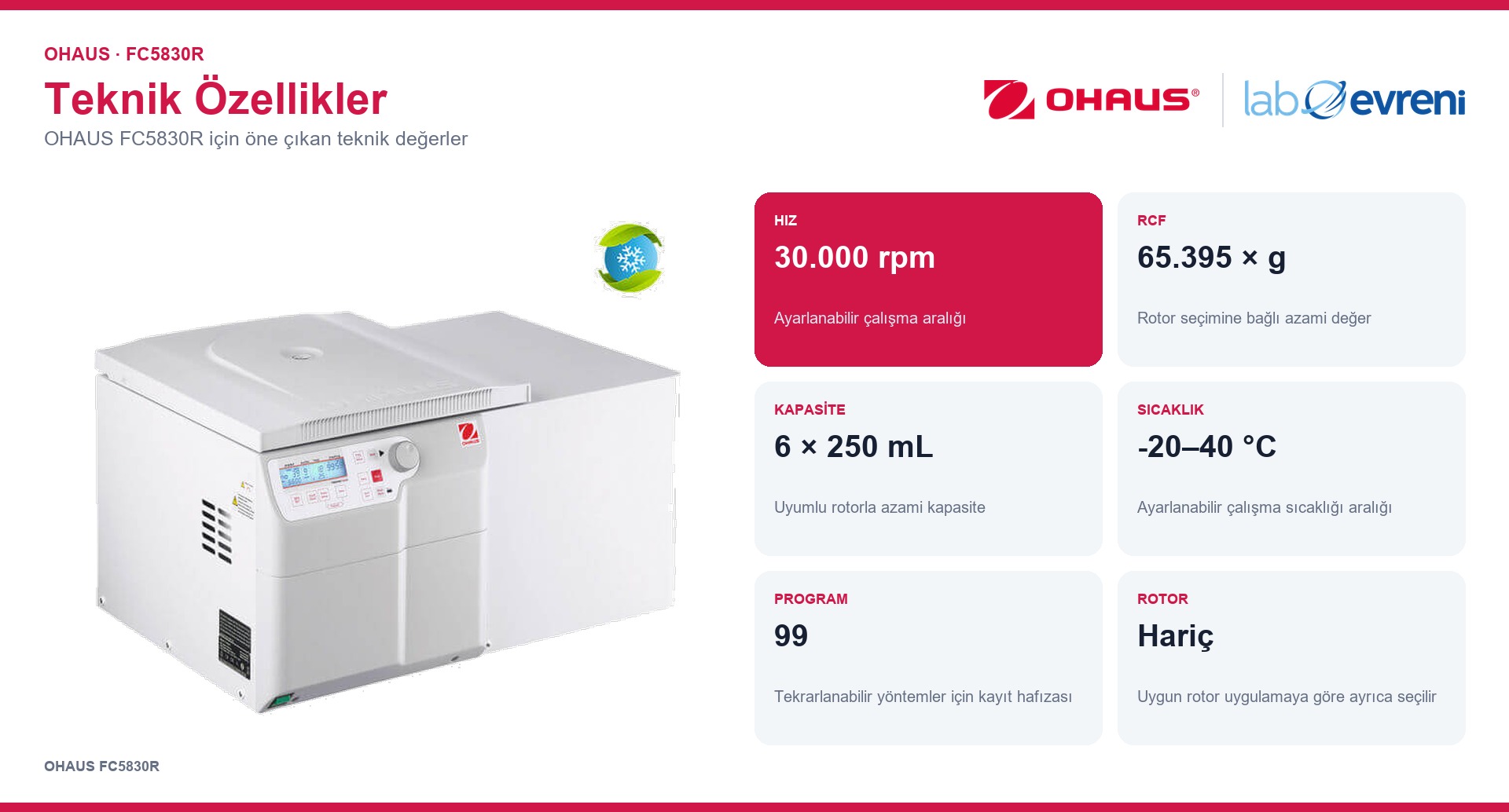 OHAUS FC5830R ürününün kapasite, hassasiyet ve temel teknik değerleri