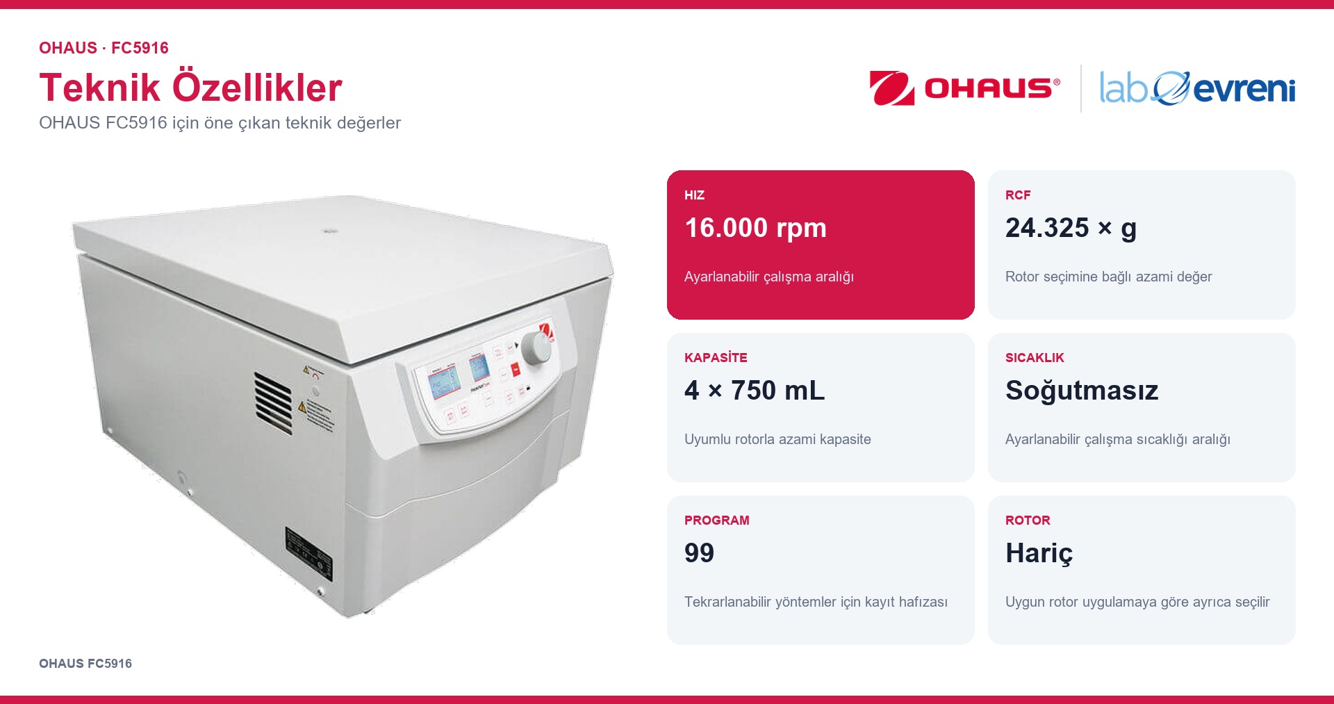 OHAUS FC5916 ürününün kapasite, hassasiyet ve temel teknik değerleri
