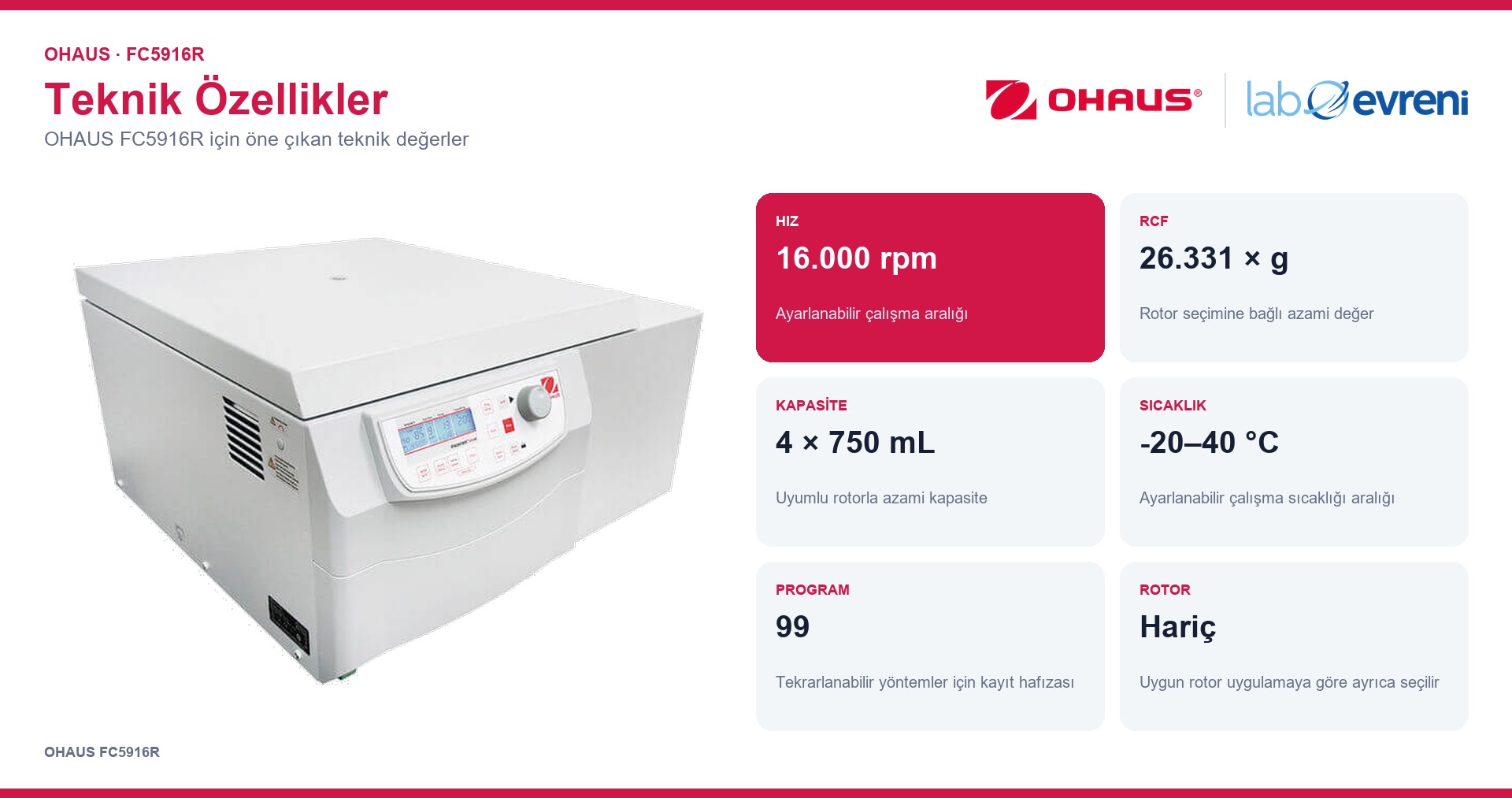 OHAUS FC5916R ürününün kapasite, hassasiyet ve temel teknik değerleri