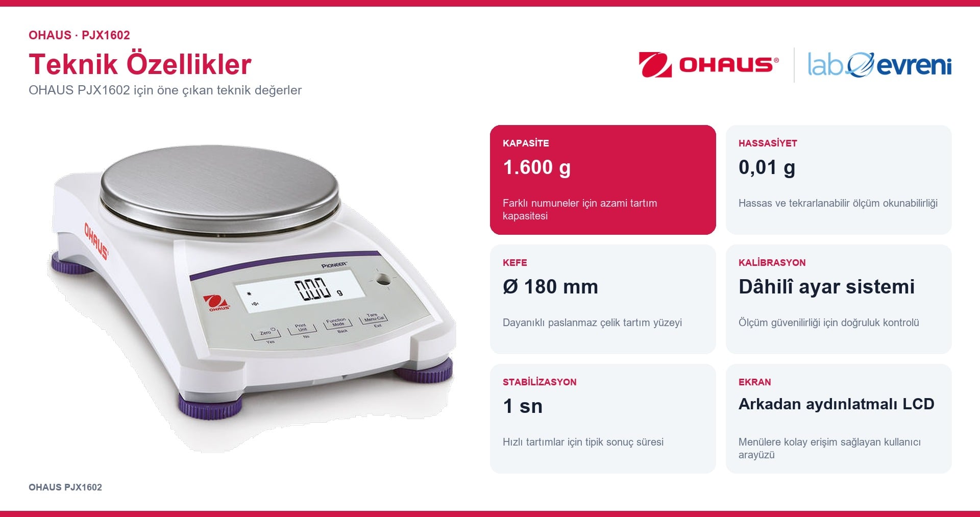 OHAUS PJX1602 ürününün kapasite, hassasiyet ve temel teknik değerleri