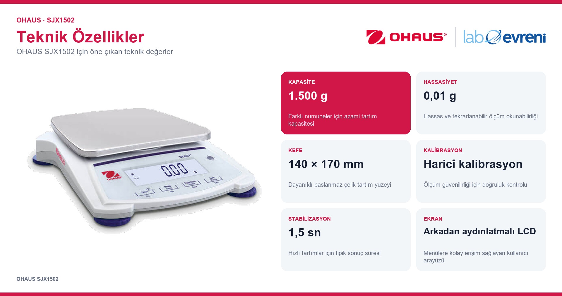 OHAUS SJX1502 ürününün kapasite, hassasiyet ve temel teknik değerleri