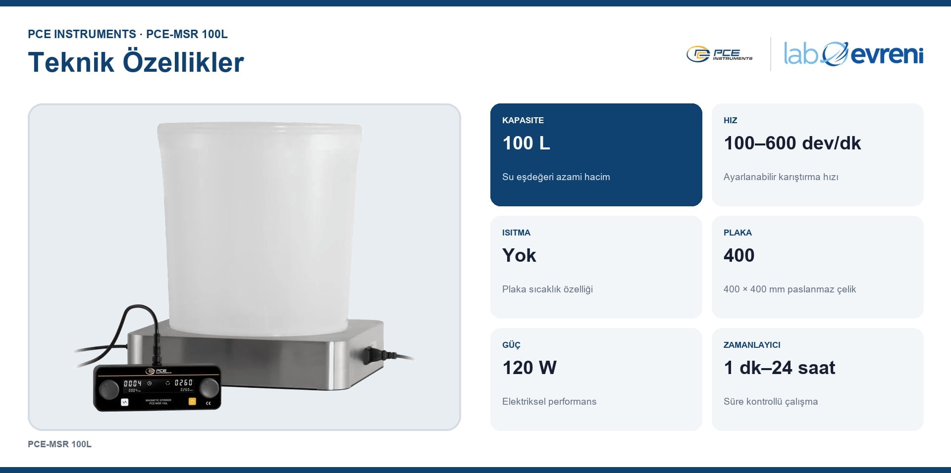 PCE-MSR 100L manyetik karıştırıcının 100 L kapasite, 100–600 dev/dk hız ve Yok ısıtma değerleri