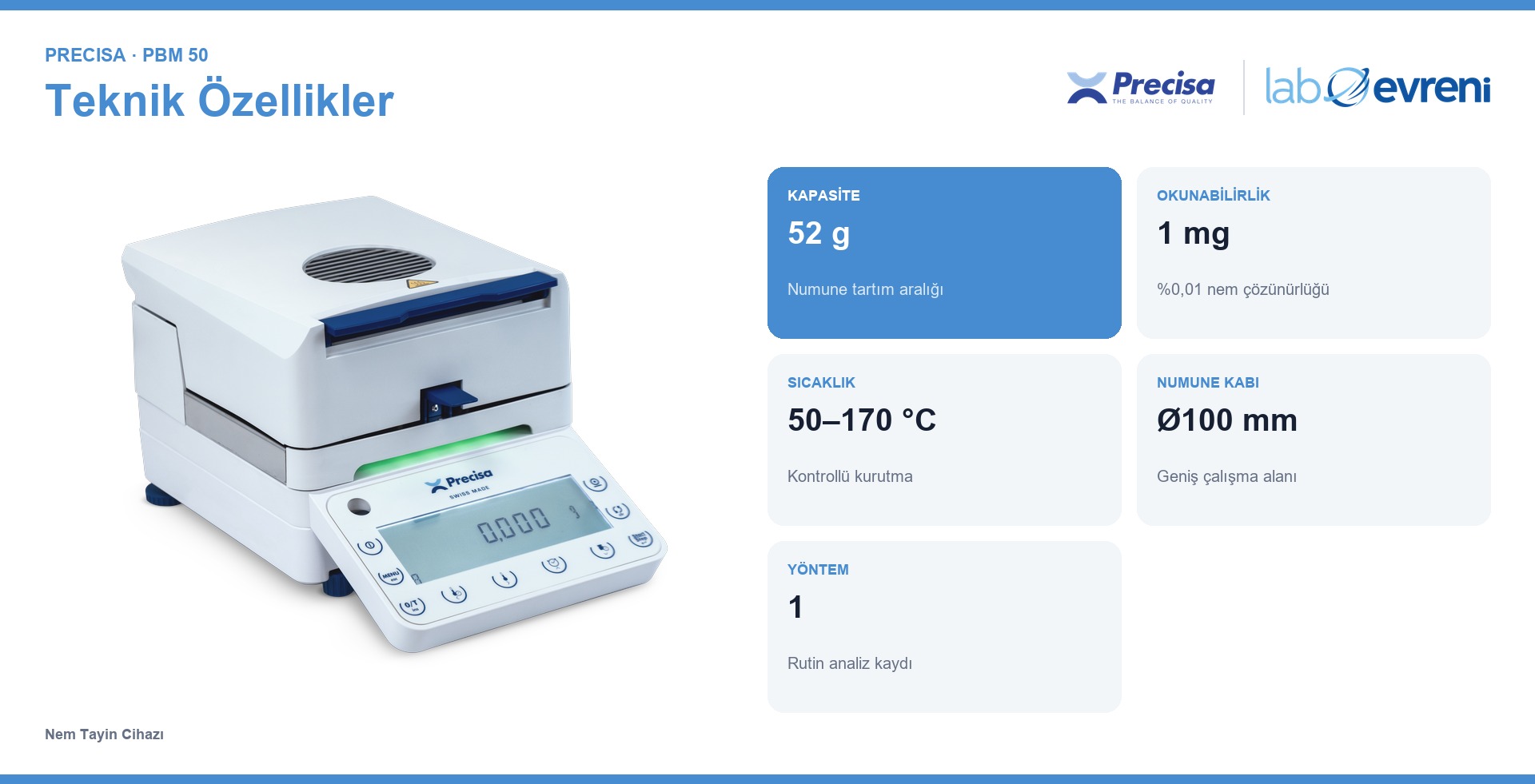 PRECİSA PBM 50 cihazının temel teknik değerleri ve kullanım özellikleri