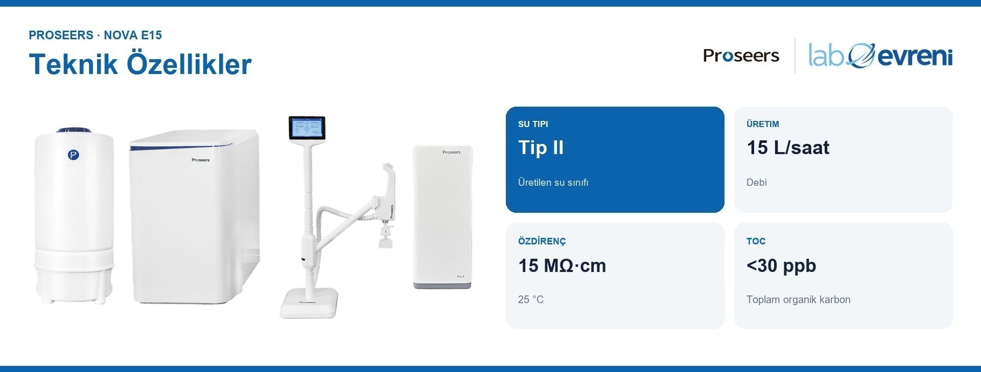 PROSEERS Nova E15 teknik özellikleri ve dört parçalı Tip II saf su sistemi