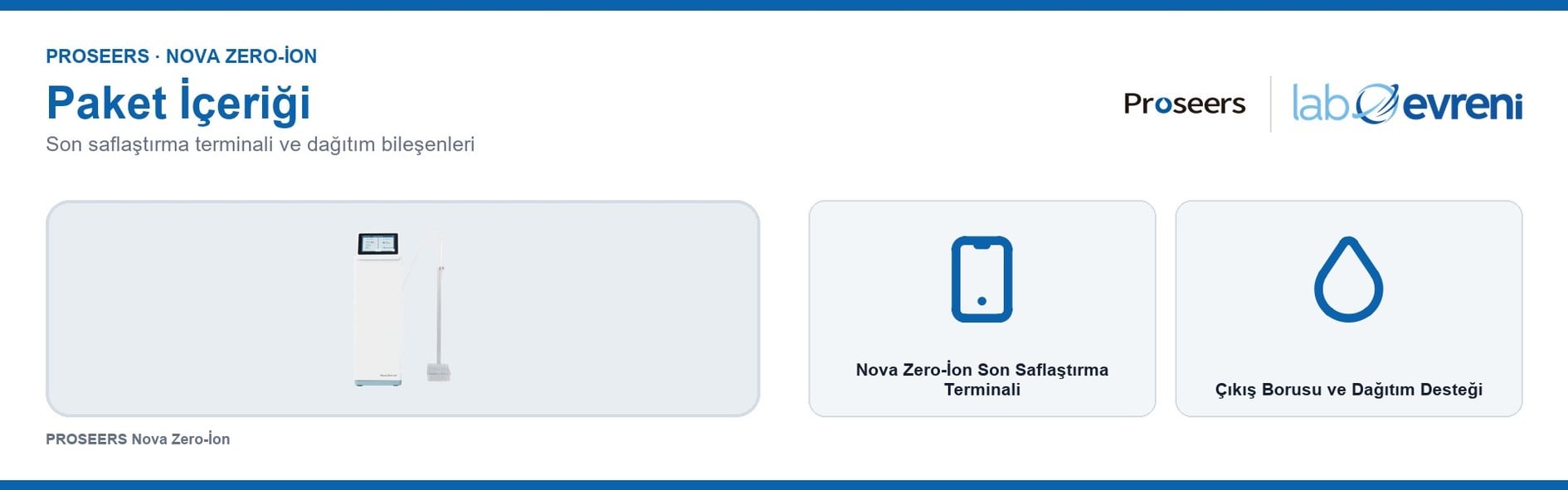 PROSEERS Nova Zero-İon son saflaştırma terminali ile çıkış borusu ve dağıtım desteğinin teslimat içeriği
