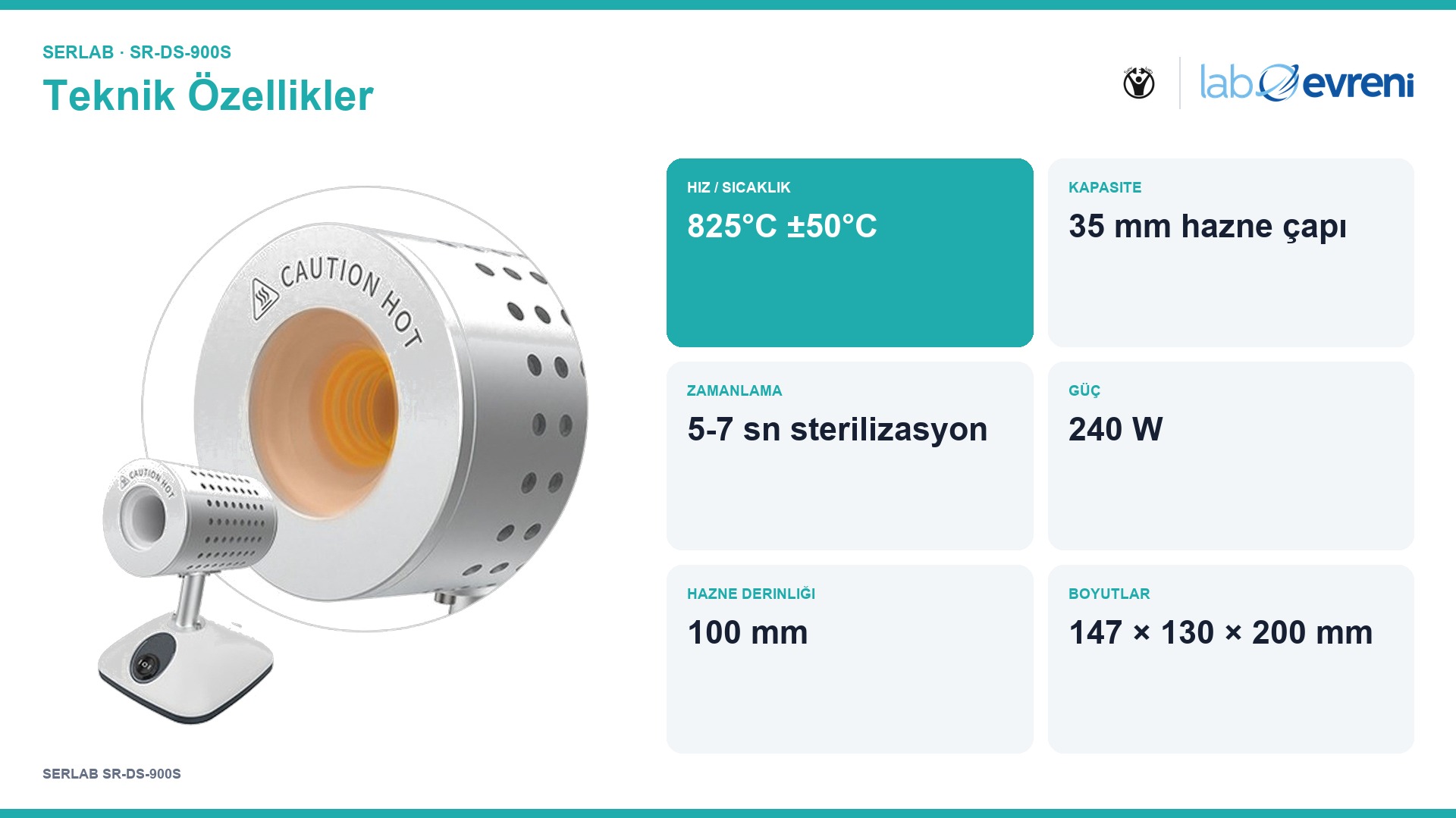 SERLAB SR-DS-900S cihazının hız, kapasite, zamanlama ve güç teknik özellik kartları