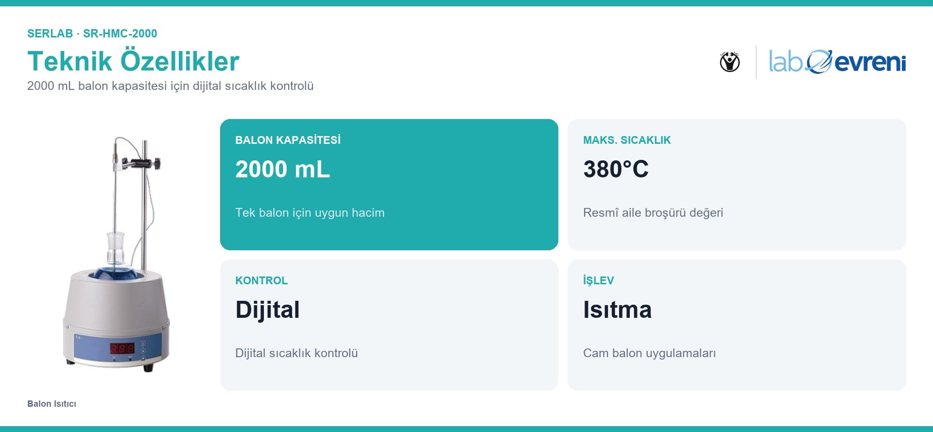 SERLAB SR-HMC-2000 2000 mL balon ısıtıcının kapasite, sıcaklık, kontrol ve işlev kartları