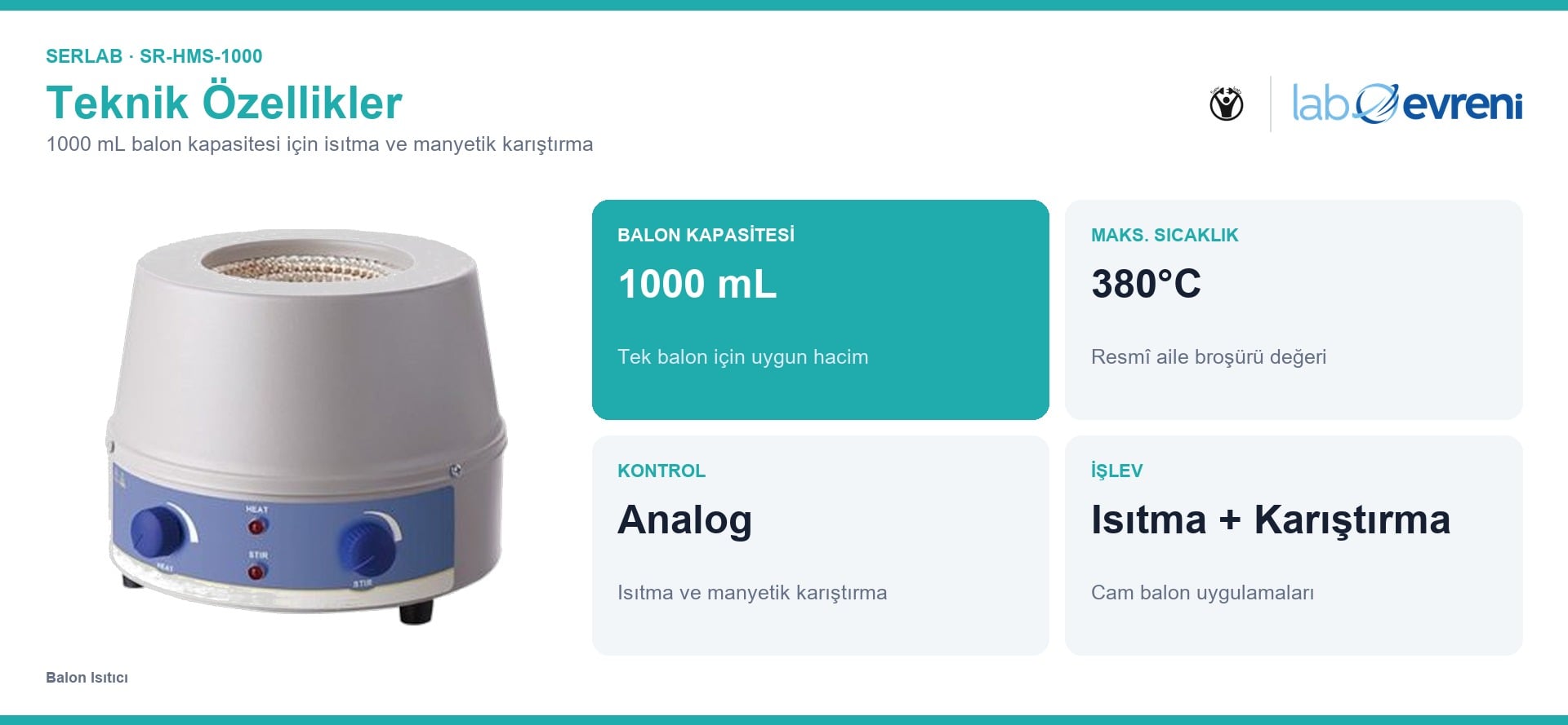 SERLAB SR-HMS-1000 1000 mL balon ısıtıcının kapasite, sıcaklık, kontrol ve işlev kartları