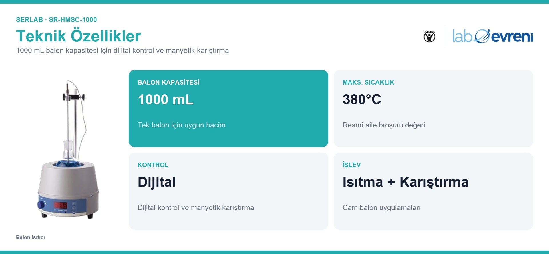 SERLAB SR-HMSC-1000 1000 mL balon ısıtıcının kapasite, sıcaklık, kontrol ve işlev kartları