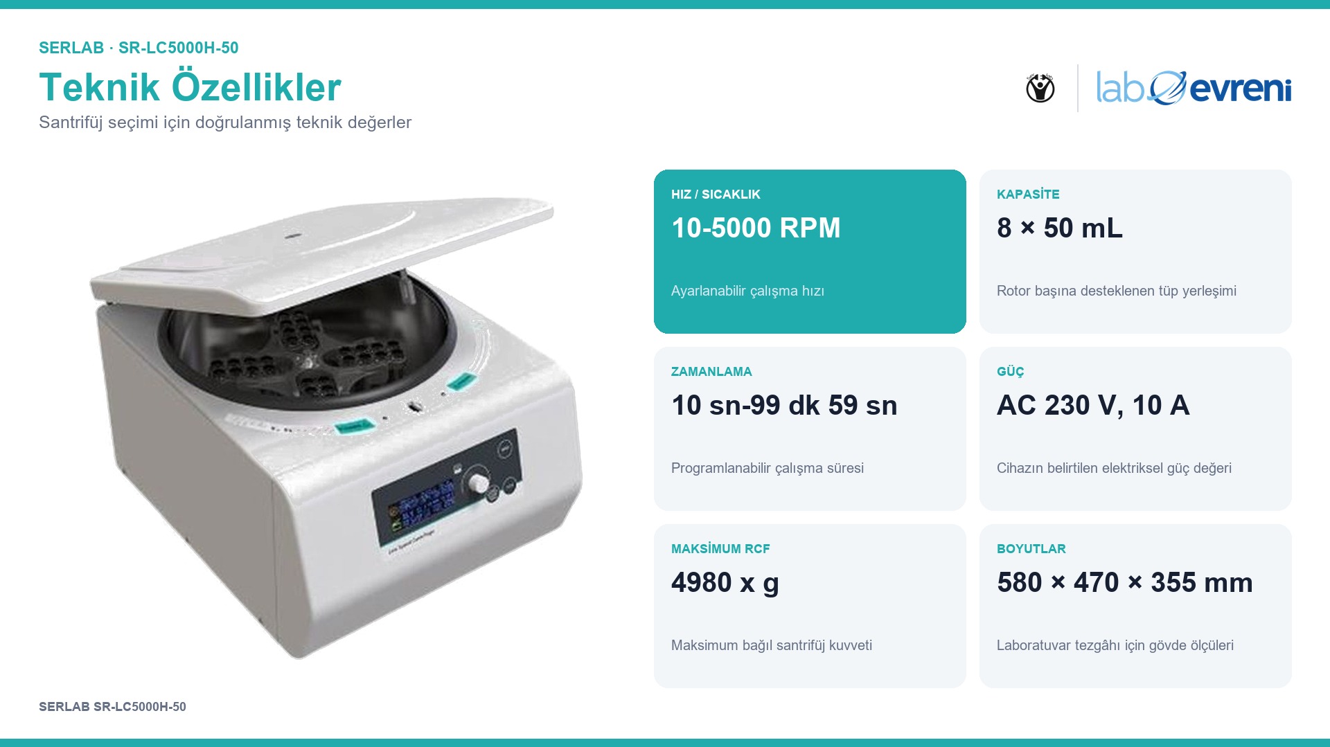 SERLAB SR-LC5000H-50 cihazının doğrulanmış hız, kapasite, zamanlama, güç ve RCF teknik özellik kartları