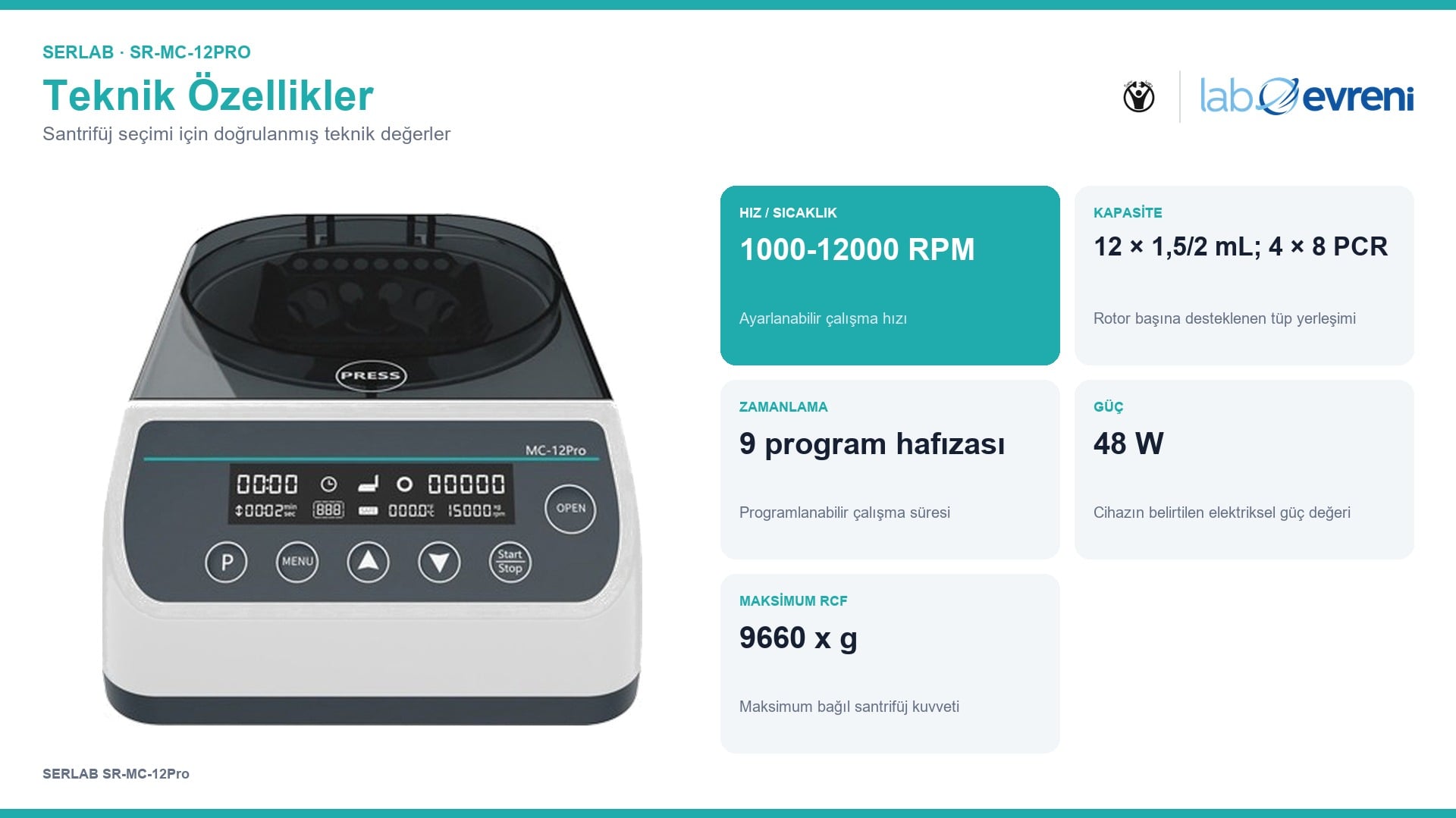 SERLAB SR-MC-12Pro cihazının doğrulanmış hız, kapasite, zamanlama, güç ve RCF teknik özellik kartları