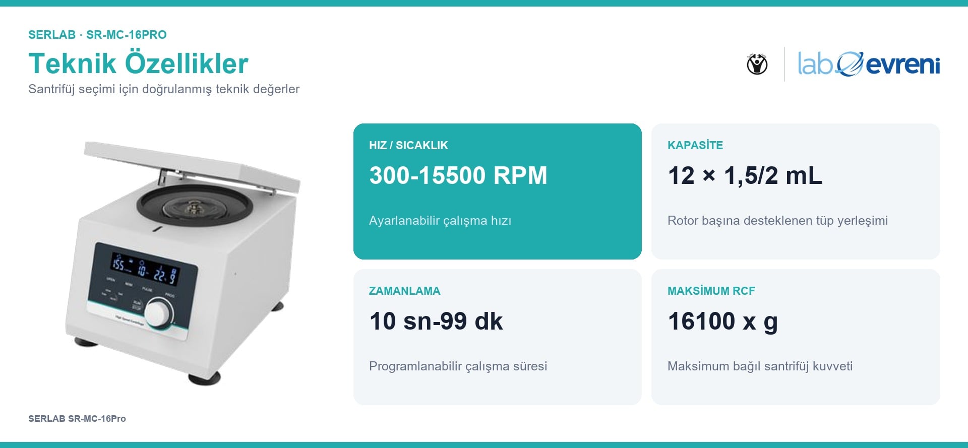 SERLAB SR-MC-16Pro cihazının doğrulanmış hız, kapasite, zamanlama, güç ve RCF teknik özellik kartları